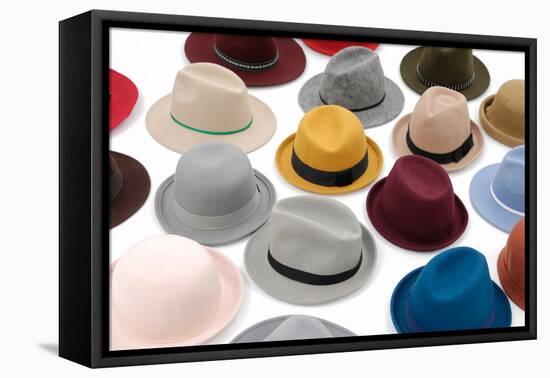 Top View Many Woman Hat on White Background-crystalfoto-Framed Premier Image Canvas