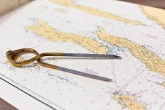 Pair of Compasses for Navigation on A Sea Map-topdeq-Photographic Print