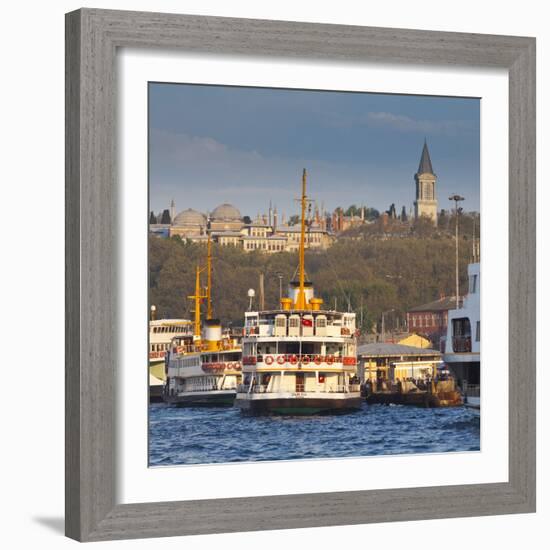 Topkapi Palace and Ferries on the Waterfront of the Golden Horn, Istanbul, Turkeyistanbul, Turkey-Jon Arnold-Framed Photographic Print