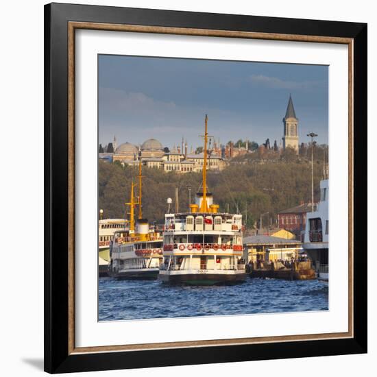 Topkapi Palace and Ferries on the Waterfront of the Golden Horn, Istanbul, Turkeyistanbul, Turkey-Jon Arnold-Framed Photographic Print