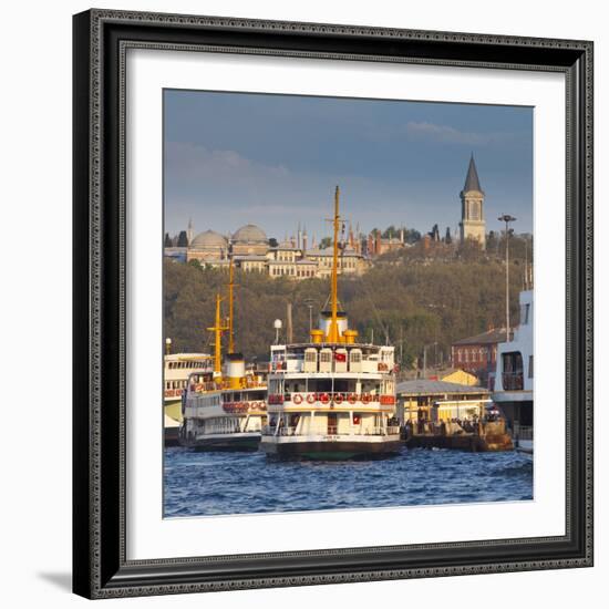 Topkapi Palace and Ferries on the Waterfront of the Golden Horn, Istanbul, Turkeyistanbul, Turkey-Jon Arnold-Framed Photographic Print