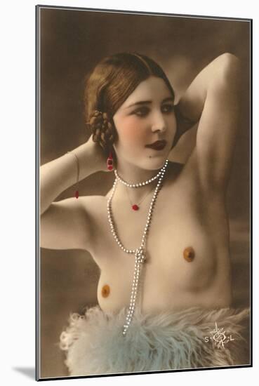 Topless Woman with Feather Boa-null-Mounted Art Print