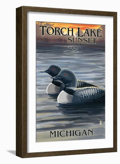 Torch Lake, Michigan - Loons at Sunset-Lantern Press-Framed Art Print