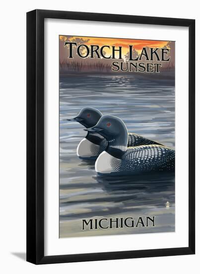 Torch Lake, Michigan - Loons at Sunset-Lantern Press-Framed Art Print