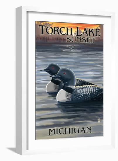 Torch Lake, Michigan - Loons at Sunset-Lantern Press-Framed Art Print
