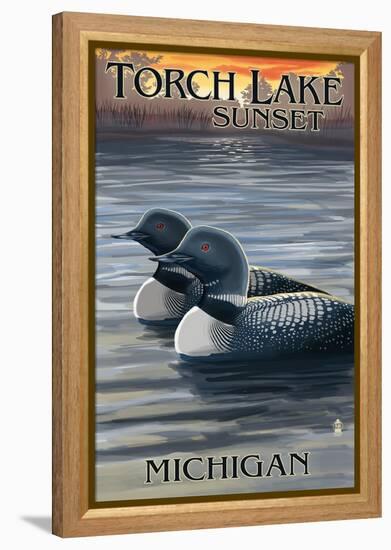 Torch Lake, Michigan - Loons at Sunset-Lantern Press-Framed Stretched Canvas