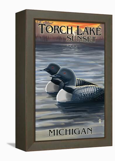 Torch Lake, Michigan - Loons at Sunset-Lantern Press-Framed Stretched Canvas