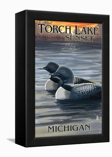 Torch Lake, Michigan - Loons at Sunset-Lantern Press-Framed Stretched Canvas