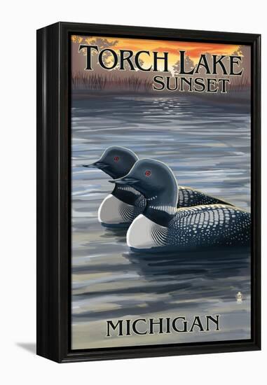 Torch Lake, Michigan - Loons at Sunset-Lantern Press-Framed Stretched Canvas