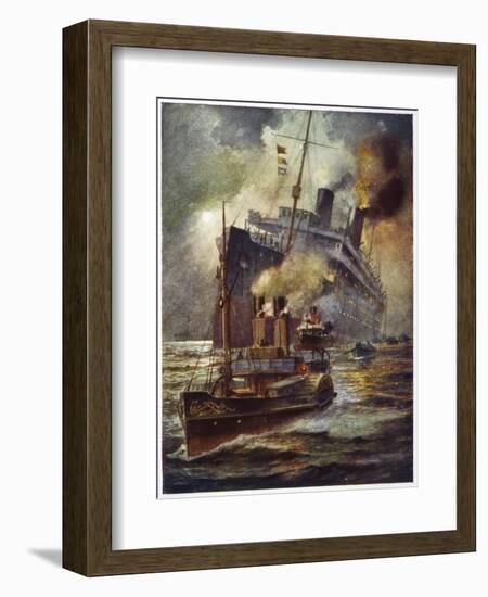 Torpedoed Passenger Steamship is Assisted into Port by Tugs-Charles J. De Lacy-Framed Art Print
