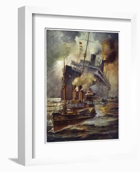 Torpedoed Passenger Steamship is Assisted into Port by Tugs-Charles J. De Lacy-Framed Art Print