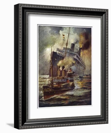 Torpedoed Passenger Steamship is Assisted into Port by Tugs-Charles J. De Lacy-Framed Art Print