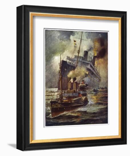 Torpedoed Passenger Steamship is Assisted into Port by Tugs-Charles J. De Lacy-Framed Art Print