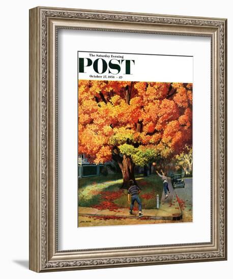 "Tossing the Football" Saturday Evening Post Cover, October 27, 1956-John Falter-Framed Giclee Print