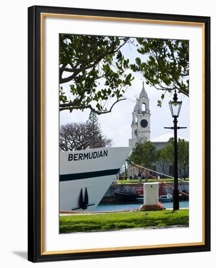 Tour Boat and Clocktower at the Royal Naval Dockyard, Bermuda, Central America-Michael DeFreitas-Framed Photographic Print