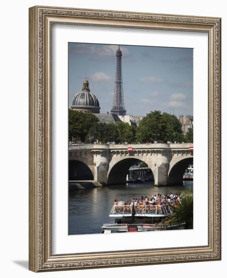 Tour Boat in River Seine with Pont Neuf and Eiffel Tower in the Background, Paris, France-Bruce Yuanyue Bi-Framed Photographic Print