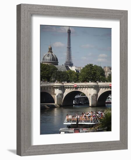 Tour Boat in River Seine with Pont Neuf and Eiffel Tower in the Background, Paris, France-Bruce Yuanyue Bi-Framed Photographic Print