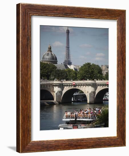 Tour Boat in River Seine with Pont Neuf and Eiffel Tower in the Background, Paris, France-Bruce Yuanyue Bi-Framed Photographic Print