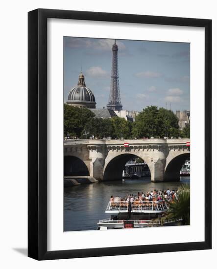 Tour Boat in River Seine with Pont Neuf and Eiffel Tower in the Background, Paris, France-Bruce Yuanyue Bi-Framed Photographic Print