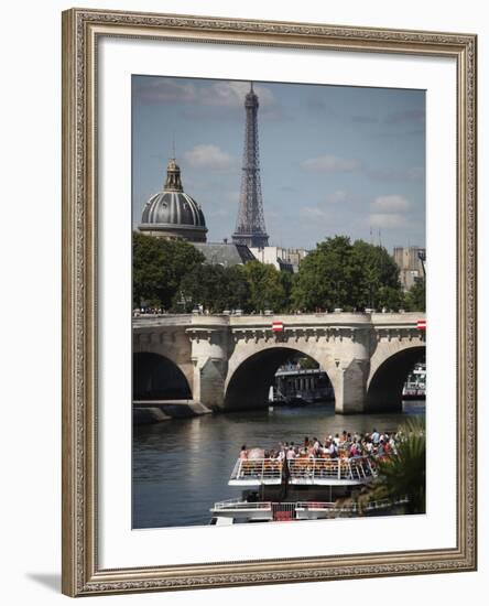 Tour Boat in River Seine with Pont Neuf and Eiffel Tower in the Background, Paris, France-Bruce Yuanyue Bi-Framed Photographic Print