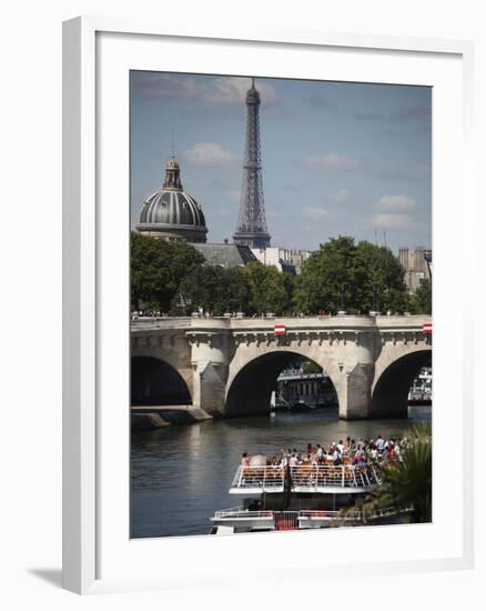 Tour Boat in River Seine with Pont Neuf and Eiffel Tower in the Background, Paris, France-Bruce Yuanyue Bi-Framed Photographic Print