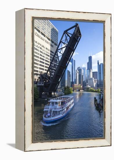 Tour Boat Passing under Raised Disused Railway Bridge on Chicago River, Chicago, Illinois, USA-Amanda Hall-Framed Premier Image Canvas