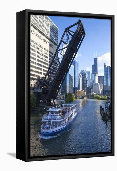 Tour Boat Passing under Raised Disused Railway Bridge on Chicago River, Chicago, Illinois, USA-Amanda Hall-Framed Premier Image Canvas