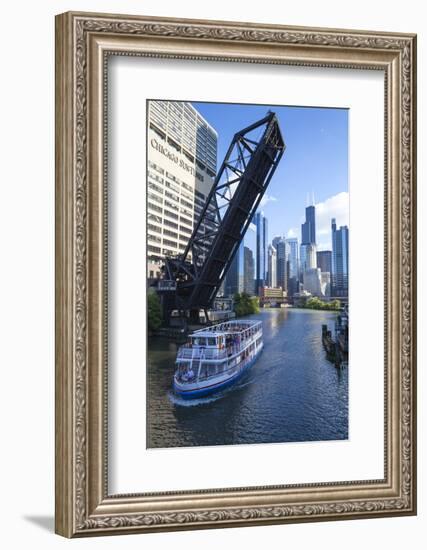 Tour Boat Passing under Raised Disused Railway Bridge on Chicago River, Chicago, Illinois, USA-Amanda Hall-Framed Photographic Print