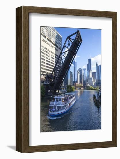 Tour Boat Passing under Raised Disused Railway Bridge on Chicago River, Chicago, Illinois, USA-Amanda Hall-Framed Photographic Print