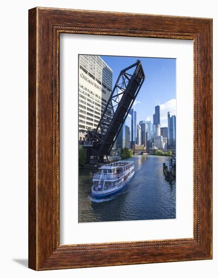 Tour Boat Passing under Raised Disused Railway Bridge on Chicago River, Chicago, Illinois, USA-Amanda Hall-Framed Photographic Print