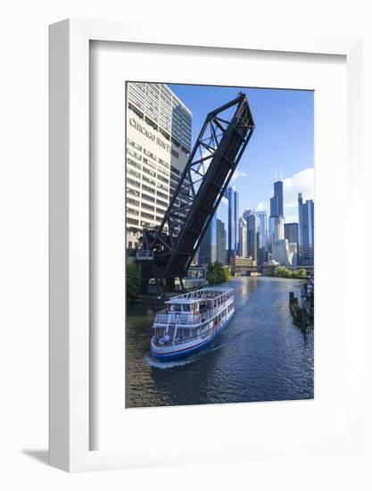 Tour Boat Passing under Raised Disused Railway Bridge on Chicago River, Chicago, Illinois, USA-Amanda Hall-Framed Photographic Print