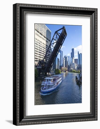 Tour Boat Passing under Raised Disused Railway Bridge on Chicago River, Chicago, Illinois, USA-Amanda Hall-Framed Photographic Print