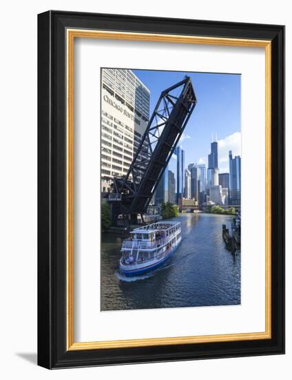 Tour Boat Passing under Raised Disused Railway Bridge on Chicago River, Chicago, Illinois, USA-Amanda Hall-Framed Photographic Print
