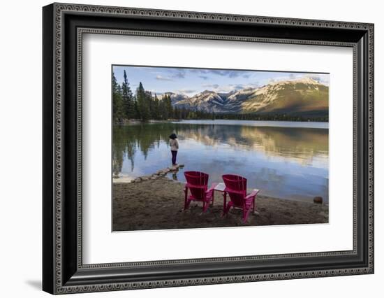 Tourist and Red Chairs by Lake Edith, Jasper National Park, UNESCO World Heritage Site, Canadian Ro-JIA JIAHE-Framed Photographic Print