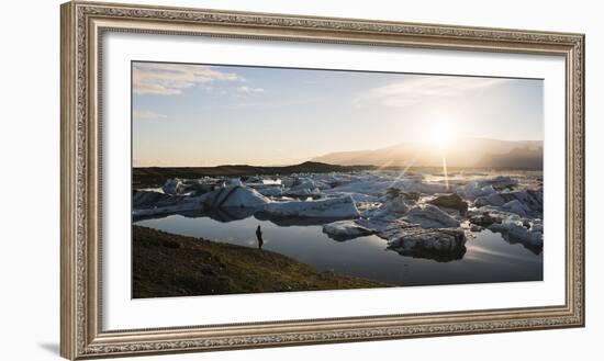 Tourist at Jokulsarlon Glacier Lagoon at Sunset, South East Iceland, Iceland, Polar Regions-Matthew Williams-Ellis-Framed Photographic Print