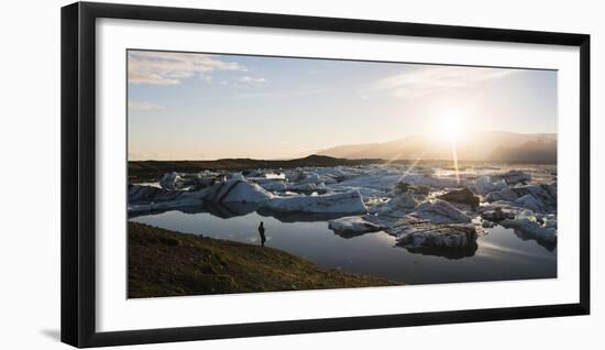 Tourist at Jokulsarlon Glacier Lagoon at Sunset, South East Iceland, Iceland, Polar Regions-Matthew Williams-Ellis-Framed Photographic Print