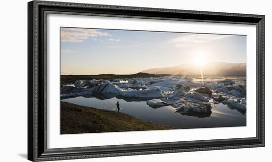 Tourist at Jokulsarlon Glacier Lagoon at Sunset, South East Iceland, Iceland, Polar Regions-Matthew Williams-Ellis-Framed Photographic Print