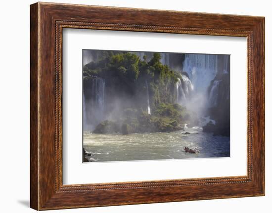 Tourist Boat Approaching Argentinean Iguacu Falls, Iguacu Nat'l Pk, UNESCO Site, Parana, Brazil-Ian Trower-Framed Photographic Print