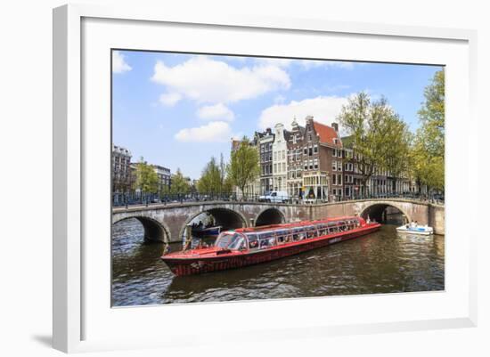 Tourist Boat Crossing Keizersgracht Canal, Amsterdam, Netherlands, Europe-Amanda Hall-Framed Photographic Print