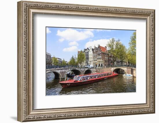 Tourist Boat Crossing Keizersgracht Canal, Amsterdam, Netherlands, Europe-Amanda Hall-Framed Photographic Print