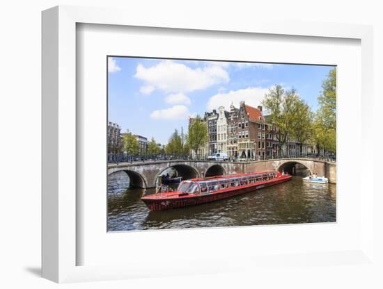 Tourist Boat Crossing Keizersgracht Canal, Amsterdam, Netherlands, Europe-Amanda Hall-Framed Photographic Print