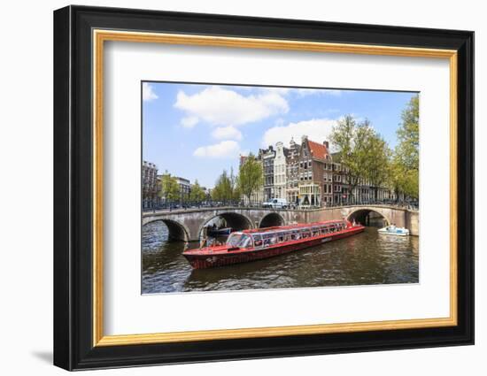 Tourist Boat Crossing Keizersgracht Canal, Amsterdam, Netherlands, Europe-Amanda Hall-Framed Photographic Print