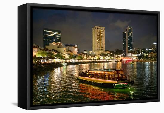 Tourist boat near the historic Boat Quay in Singapore river at dusk, Singapore-Martin Child-Framed Premier Image Canvas