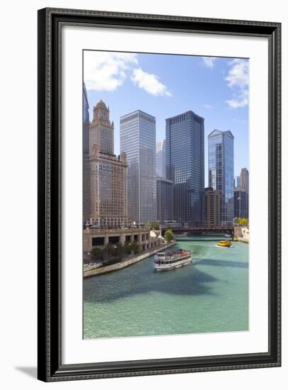 Tourist Boat on Chicago River with Glass Towers Behind on West Wacker Drive, Chicago, Illinois, USA-Amanda Hall-Framed Photographic Print