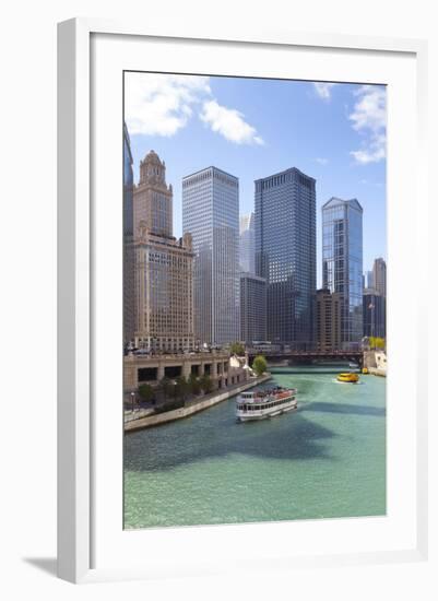 Tourist Boat on Chicago River with Glass Towers Behind on West Wacker Drive, Chicago, Illinois, USA-Amanda Hall-Framed Photographic Print