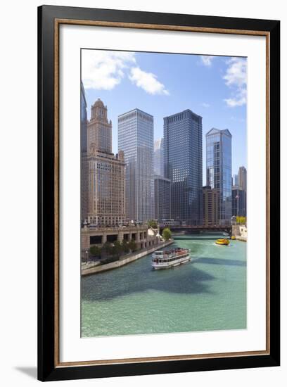 Tourist Boat on Chicago River with Glass Towers Behind on West Wacker Drive, Chicago, Illinois, USA-Amanda Hall-Framed Photographic Print