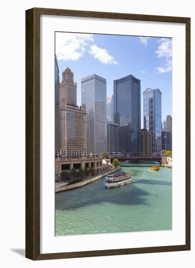 Tourist Boat on Chicago River with Glass Towers Behind on West Wacker Drive, Chicago, Illinois, USA-Amanda Hall-Framed Photographic Print