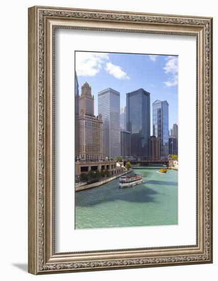 Tourist Boat on Chicago River with Glass Towers Behind on West Wacker Drive, Chicago, Illinois, USA-Amanda Hall-Framed Photographic Print