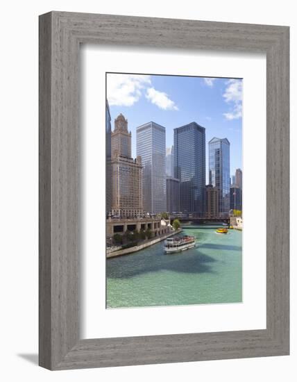 Tourist Boat on Chicago River with Glass Towers Behind on West Wacker Drive, Chicago, Illinois, USA-Amanda Hall-Framed Photographic Print