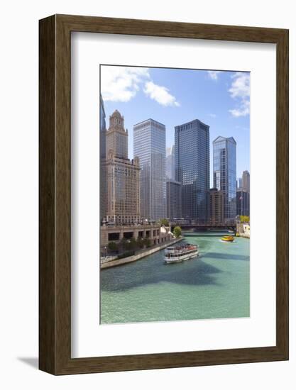 Tourist Boat on Chicago River with Glass Towers Behind on West Wacker Drive, Chicago, Illinois, USA-Amanda Hall-Framed Photographic Print